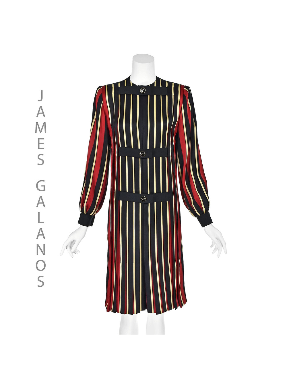 JAMES GALANOS Circa 1984 Black, Red & Gold Pleated Silk Day Dress, SZ 4